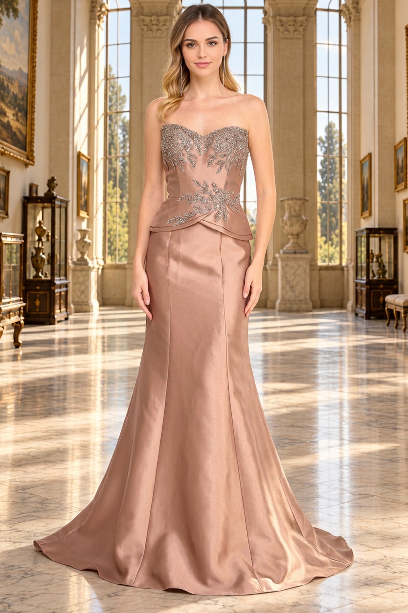 Amelia Couture 2162 mocha-colored strapless evening gown with a beaded bodice and a peplum waist.